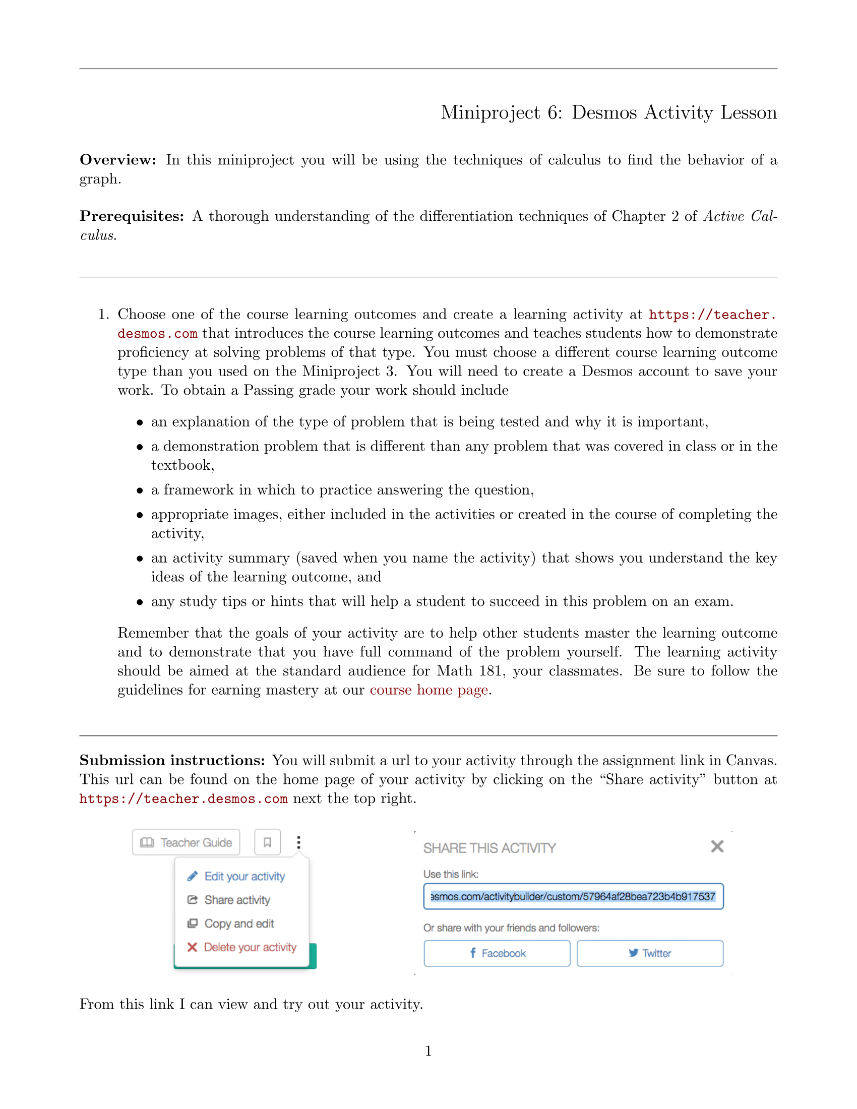 Instructions on how to complete a project involving creating a Desmos teaching activity.
